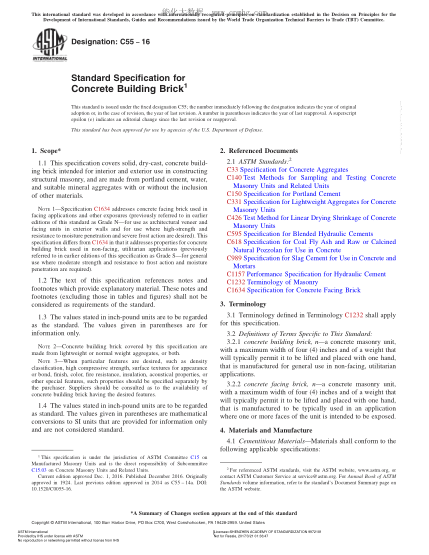 ASTM C55-2016 混凝土磚規(guī)格 Standard Specification for Concrete Building Brick