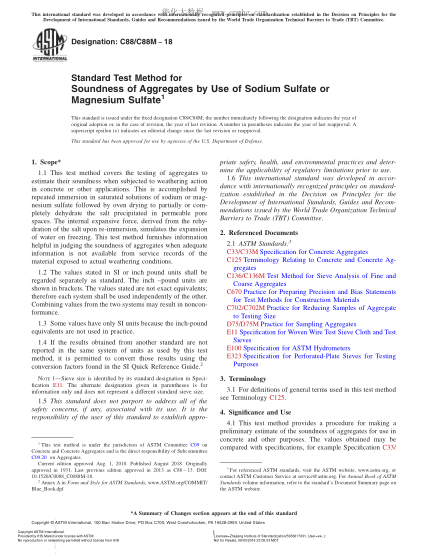 ASTM C88/C88M-2018  Standard Test Method for Soundness of Aggregates by Use of Sodium Sulfate or Magnesium Sulfate