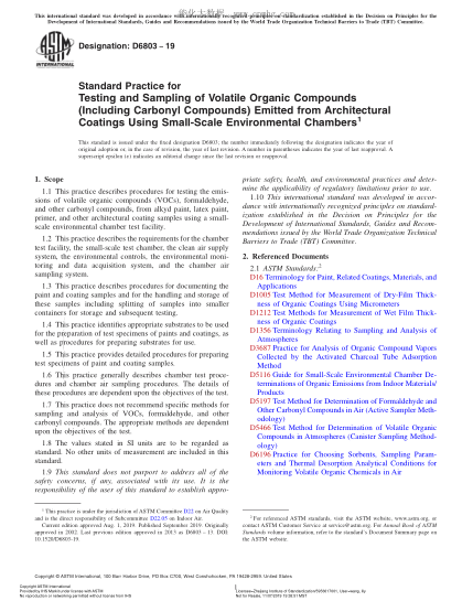 ASTM D6803-2019 用小環(huán)境室對(duì)涂料散發(fā)的揮發(fā)性有機(jī)化合物（包括羰基化合物）進(jìn)行測(cè)試與取樣規(guī)程 Standard Practice for Testing and Sampling of Volatile Organic Compounds (Including Carbonyl Compounds) Emitted from Architectural Coatings Using Small-Scale Environmental Chambers