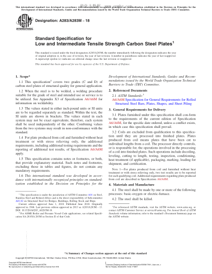ASTM A283/A283M-2018  Standard Specification for Low and Intermediate Tensile Strength Carbon Steel Plates