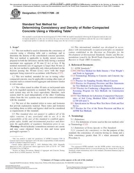 ASTM C1170/C1170M-2020  Standard Test Method for Determining Consistency and Density of Roller-Compacted Concrete Using a Vibrating Table
