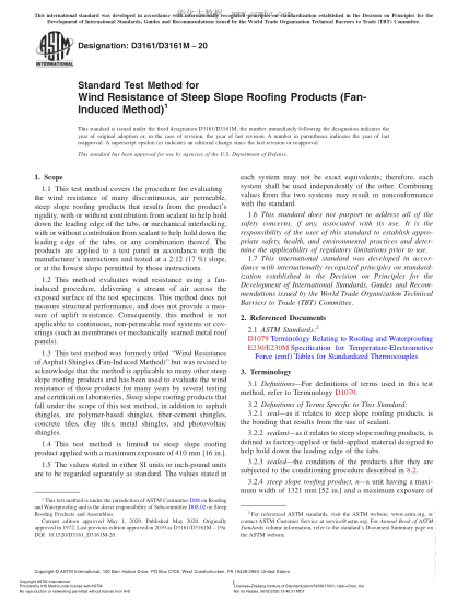 ASTM D3161/D3161M-2020  Standard Test Method for Wind Resistance of Steep Slope Roofing Products (Fan-Induced Method)