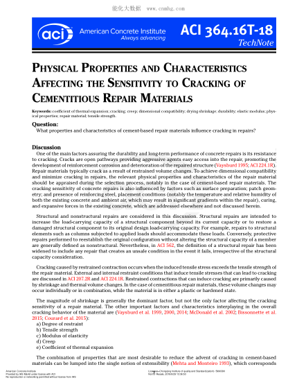 ACI 364.16T-2018  Physical Properties And Characteristics Affecting The Sensitivity To Cracking Of Cementitious Repair Materials