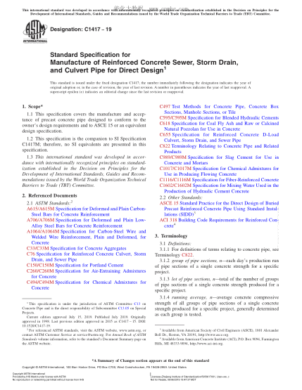 ASTM C1417-2019 直接設計的鋼筋混凝土污水管、雨水管和涵管的制造規(guī)格 Standard Specification for Manufacture of Reinforced Concrete Sewer, Storm Drain, and Culvert Pipe for Direct Design