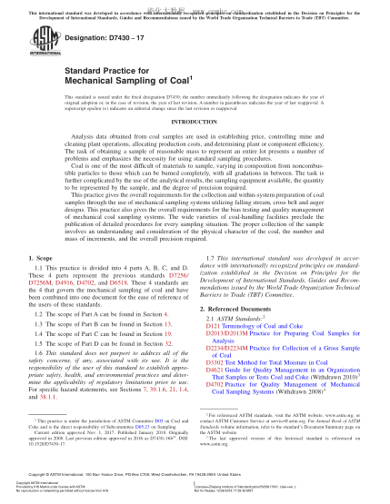ASTM D7430-2017 煤機(jī)械取樣規(guī)程 Standard Practice for Mechanical Sampling of Coal