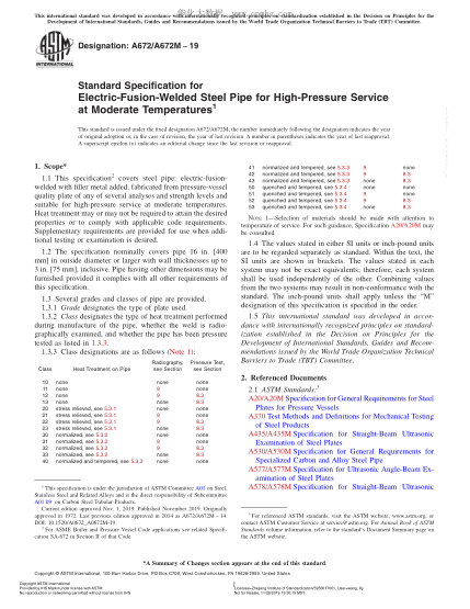 ASTM A672/A672M-2019  Standard Specification for Electric-Fusion-Welded Steel Pipe for High-Pressure Service at Moderate Temperatures