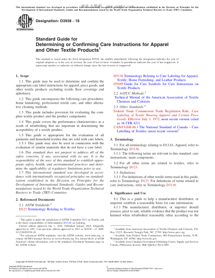 ASTM D3938-2018 服裝和其他紡織消費品護理標簽的鑒定及確認指南 Standard Guide for Determining or Confirming Care Instructions for Apparel and Other Textile Products