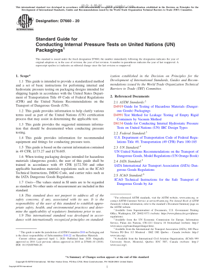 ASTM D7660-2020  Standard Guide for Conducting Internal Pressure Tests on United Nations (UN) Packagings
