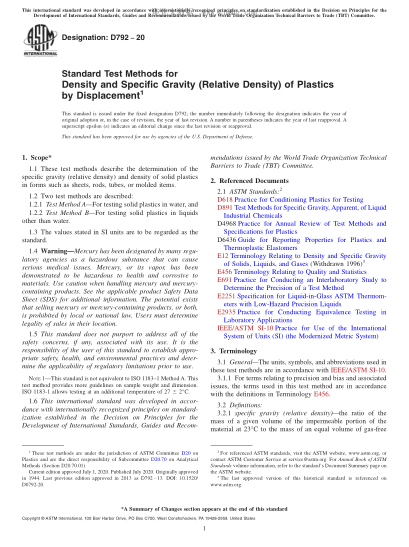 ASTM D792-2020  Standard Test Methods for Density and Specific Gravity (Relative Density) of Plastics by Displacement