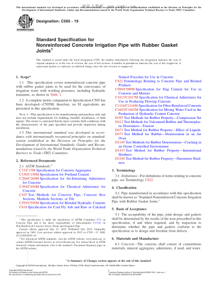 ASTM C505-2019 帶橡膠墊圈的無鋼筋混凝土灌溉管規(guī)格 Standard Specification for Nonreinforced Concrete Irrigation Pipe with Rubber Gasket Joints