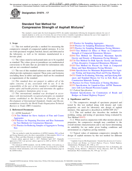 ASTM D1074-2017 瀝青混合料抗壓強度試驗方法 Standard Test Method for Compressive Strength of Asphalt Mixtures
