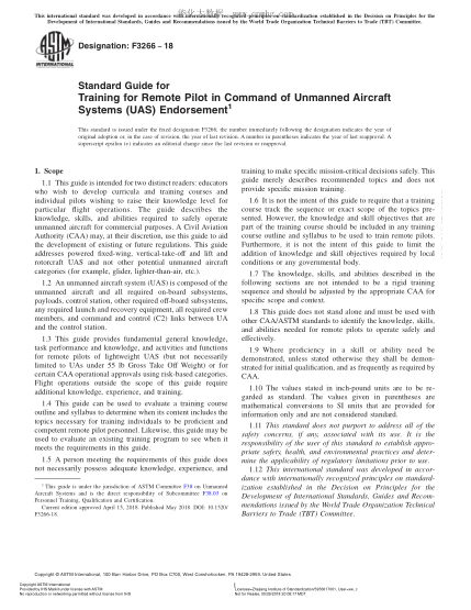 ASTM F3266-2018 無人飛機(jī)遙控操作員培訓(xùn)指南 Standard Guide for Training for Remote Pilot in Command of Unmanned Aircraft Systems (UAS) Endorsement
