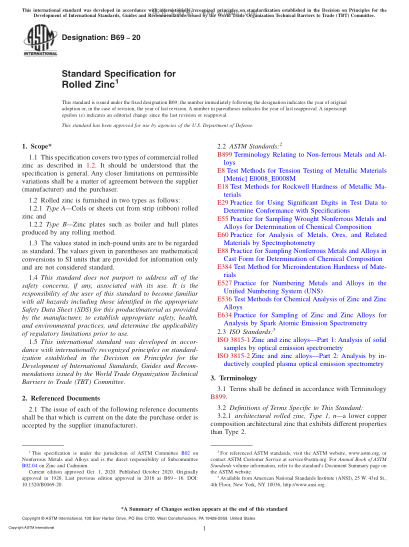 ASTM B69-2020  Standard Specification for Rolled Zinc