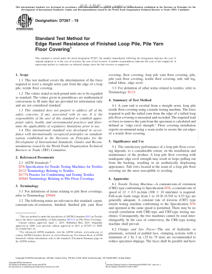 ASTM D7267-2019  Standard Test Method for Edge Ravel Resistance of Finished Loop Pile, Pile Yarn Floor Covering