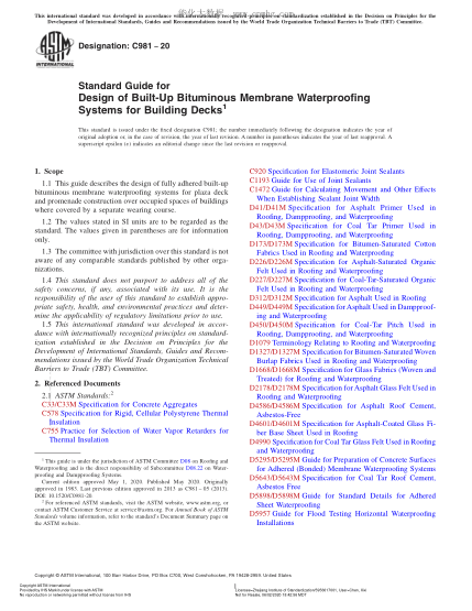 ASTM C981-2020  Standard Guide for Design of Built-Up Bituminous Membrane Waterproofing Systems for Building Decks
