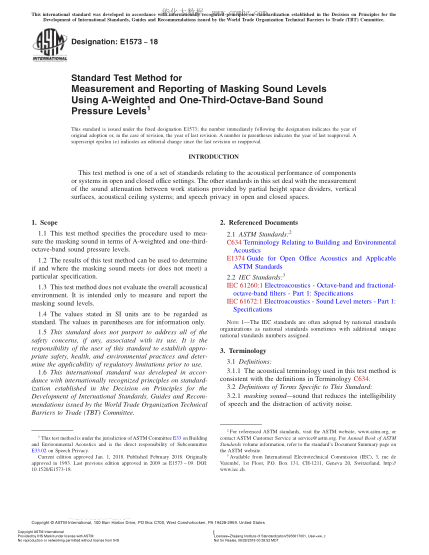 ASTM E1573-2018 使用A加權(quán)和1/3倍頻帶聲壓級評價開放式辦公室掩蔽聲的試驗方法 Standard Test Method for Measurement and Reporting of Masking Sound Levels Using A-Weighted and One-Third-Octave-Band Sound Pressure Levels