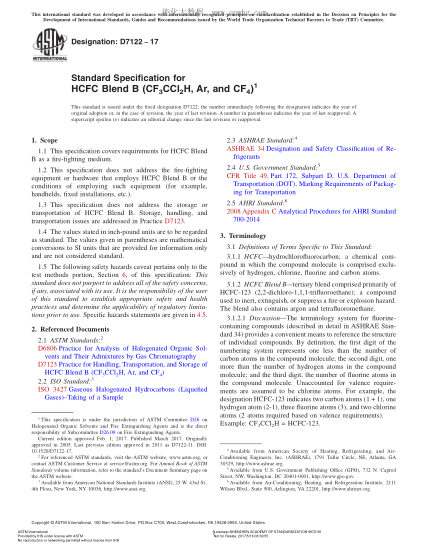 ASTM D7122-2017 HCFC混合B滅火劑(CF3CCl2H、Ar和CF4)規(guī)格 Standard Specification for HCFC Blend B (CF3CCl2H, Ar, and CF4)
