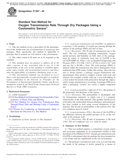 ASTM F1307-2020  Standard Test Method for Oxygen Transmission Rate Through Dry Packages Using a Coulometric Sensor