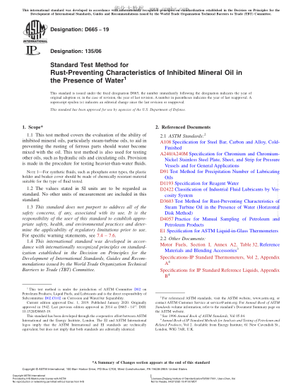 ASTM D665-2019  Standard Test Method for Rust-Preventing Characteristics of Inhibited Mineral Oil in the Presence of Water