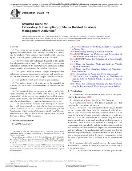 ASTM D6323-2019 有關(guān)廢棄物管理的媒介的實(shí)驗(yàn)室二次抽樣指南 Standard Guide for Laboratory Subsampling of Media Related to Waste Management Activities