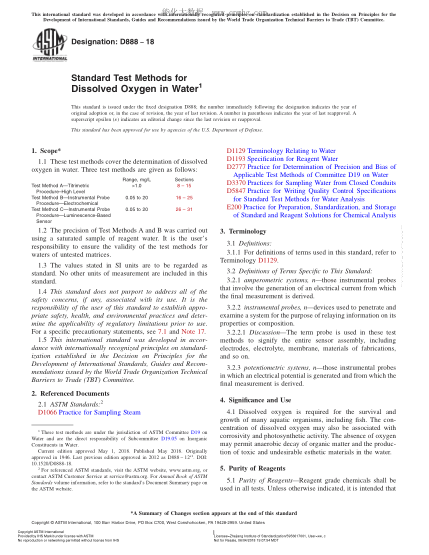 ASTM D888-2018  Standard Test Methods for Dissolved Oxygen in Water