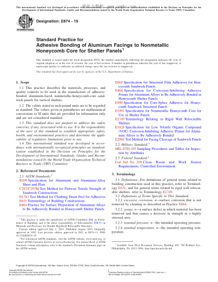 ASTM E874-2019 掩體板用鋁飾面與非金屬蜂窩芯子附著粘合規(guī)程 Standard Practice for Adhesive Bonding of Aluminum Facings to Nonmetallic Honeycomb Core for Shelter Panels