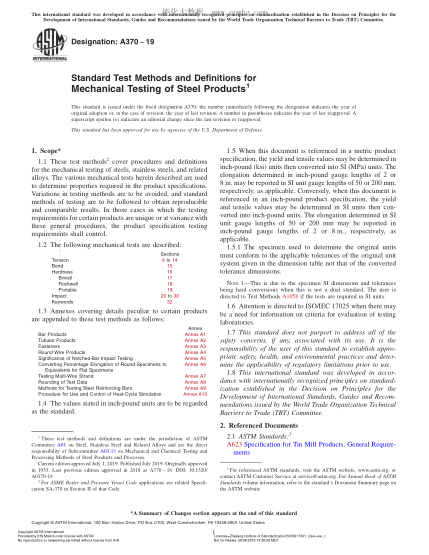 ASTM A370-2019 鋼產(chǎn)品機(jī)械測(cè)試方法及定義 Standard Test Methods and Definitions for Mechanical Testing of Steel Products
