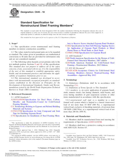ASTM C645-2018  Standard Specification for Nonstructural Steel Framing Members