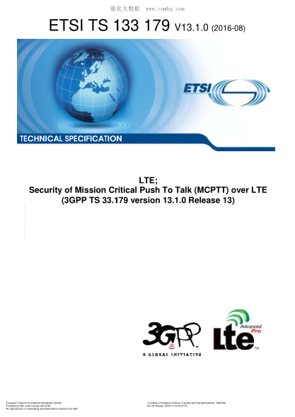 ETSI TS 133 179/2-2016  Lte;Security Of Mission Critical Push To Talk (Mcptt) Over Lte (V13.1.0;3Gpp Ts 33.179 Version 13.1.0 Release 13)