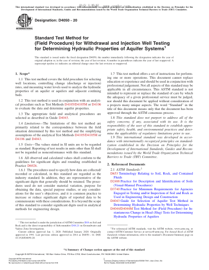 ASTM D4050-2020  Standard Test Method for (Field Procedure) for Withdrawal and Injection Well Testing for Determining Hydraulic Properties of Aquifer Systems