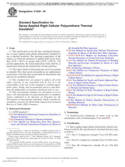 ASTM C1029-2020  Standard Specification for Spray-Applied Rigid Cellular Polyurethane Thermal Insulation