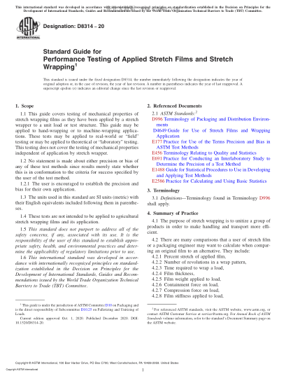 ASTM D8314-2020  Standard Guide for Performance Testing of Applied Stretch Films and Stretch Wrapping