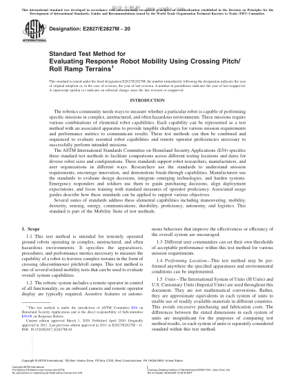 ASTM E2827/E2827M-2020  Standard Test Method for Evaluating Response Robot Mobility Using Crossing Pitch/Roll Ramp Terrains