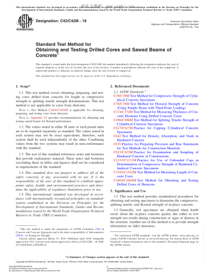 ASTM C42/C42M-2018 混凝土鉆孔樣心和鋸梁的獲取及測試方法 Standard Test Method for Obtaining and Testing Drilled Cores and Sawed Beams of Concrete