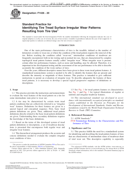 ASTM F1426-2020  Standard Practice for Identifying Tire Tread Surface Irregular Wear Patterns Resulting from Tire Use