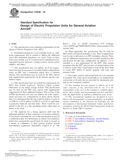 ASTM F3338-2018通用航空飛機電力推進設(shè)計規(guī)范Standard Specification for Design of Electric Propulsion Units for General Aviation Aircraft