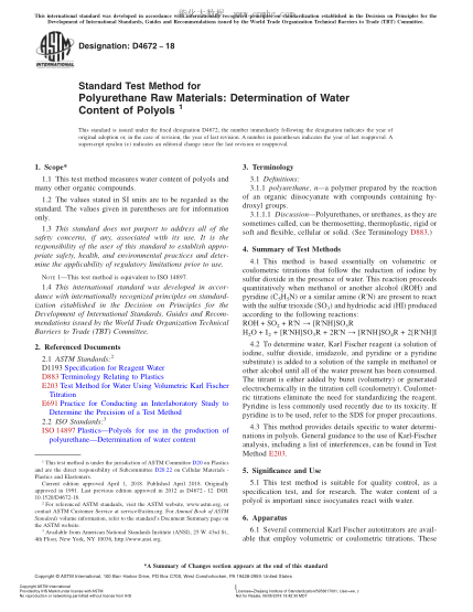 ASTM D4672-2018 聚氨酯原料測試方法：多元醇含水量測定 Standard Test Method for Polyurethane Raw Materials:Determination of Water Content of Polyols