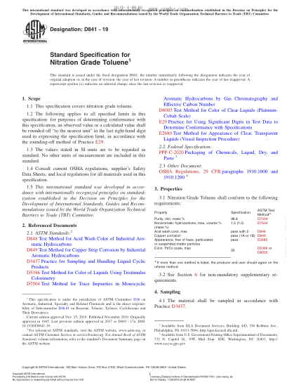 ASTM D841-2019  Standard Specification for Nitration Grade Toluene