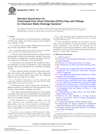 ASTM F2618-2019 化學(xué)廢水排放系統(tǒng)用氯化聚氯乙烯管和管件的規(guī)格 Standard Specification for Chlorinated Poly (Vinyl Chloride) (CPVC) Pipe and Fittings for Chemical Waste Drainage Systems