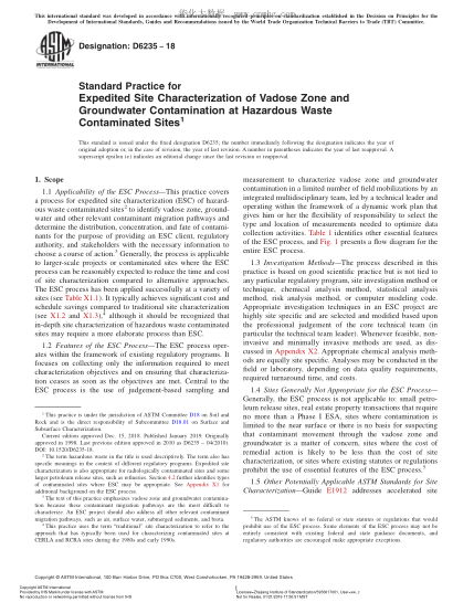 ASTM D6235-2018 危險廢棄物污染處滲流層和地下水污染物快速現(xiàn)場鑒定規(guī)程 Standard Practice for Expedited Site Characterization of Vadose Zone and Groundwater Contamination at Hazardous Waste Contaminated Sites