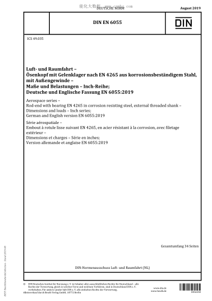 DIN EN 6055-2019  Aerospace series - Rod-end with bearing EN 4265 in corrosion resisting steel, external threaded shank - Dimensions and loads - Inch series