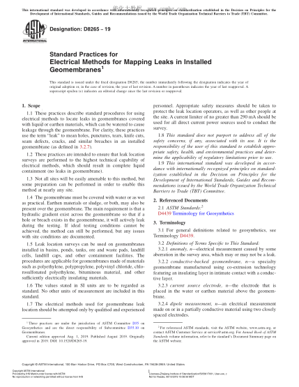 ASTM D8265-2019 已安裝土工膜泄漏電氣方法規(guī)程 Standard Practices for Electrical Methods for Mapping Leaks in Installed Geomembranes