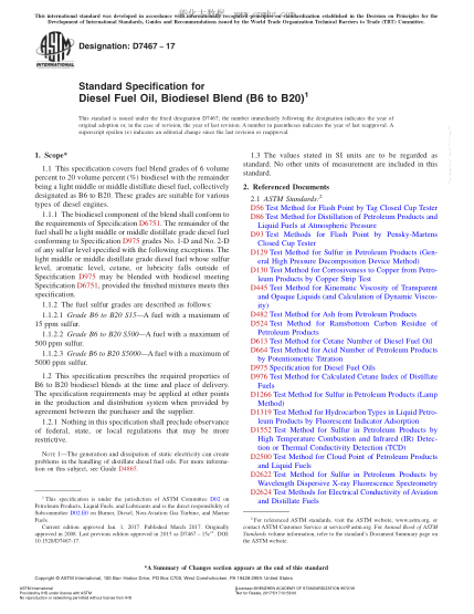 ASTM D7467-2017 柴油、生物柴油混合燃料（B6-B20）規(guī)格 Standard Specification for Diesel Fuel Oil,Biodiesel Blend (B6 to B20)