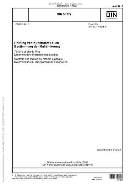 DIN 53377-2015   Testing of plastic films - Determination of dimensional stability