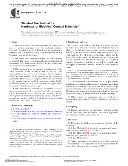 ASTM B277-2018 電接觸材料硬度試驗(yàn)方法 Standard Test Method for Hardness of Electrical Contact Materials