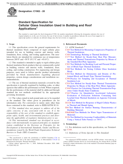 ASTM C1902-2020  Standard Specification for Cellular Glass Insulation Used in Building and Roof Applications