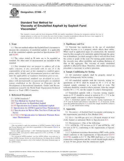 ASTM D7496-2017 用賽波特糠醛粘度計測定乳化瀝青粘性的試驗方法 Standard Test Method for Viscosity of Emulsified Asphalt by Saybolt Furol Viscometer
