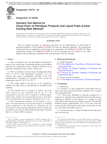 ASTM D5772-2020  Standard Test Method for Cloud Point of Petroleum Products and Liquid Fuels (Linear Cooling Rate Method)