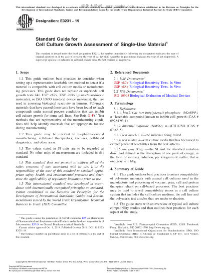 ASTM E3231-2019  Standard Guide for Cell Culture Growth Assessment of Single-Use Material