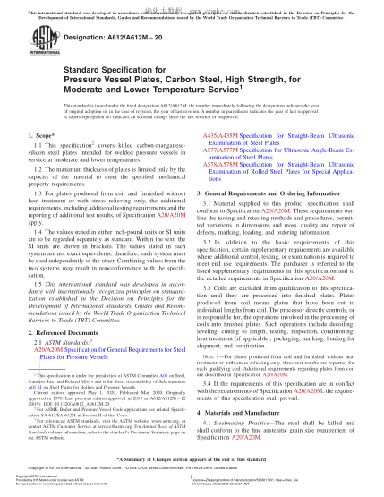 ASTM A612/A612M-2020  Standard Specification for Pressure Vessel Plates, Carbon Steel, High Strength, for Moderate and Lower Temperature Service